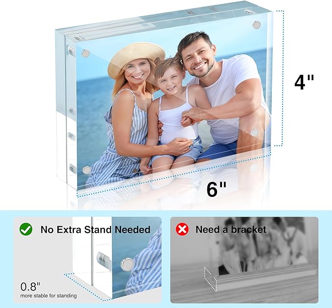HOUSE DAY Acrylic Picture Frames 4x6, 1 Pack Magnetic 4 x 6 Picture Frame, Double Sided Clear 4x6 Photo Frame with Microfiber Cloth, Frameless FreeStanding 4x6 Frame Gift for Desktop Display