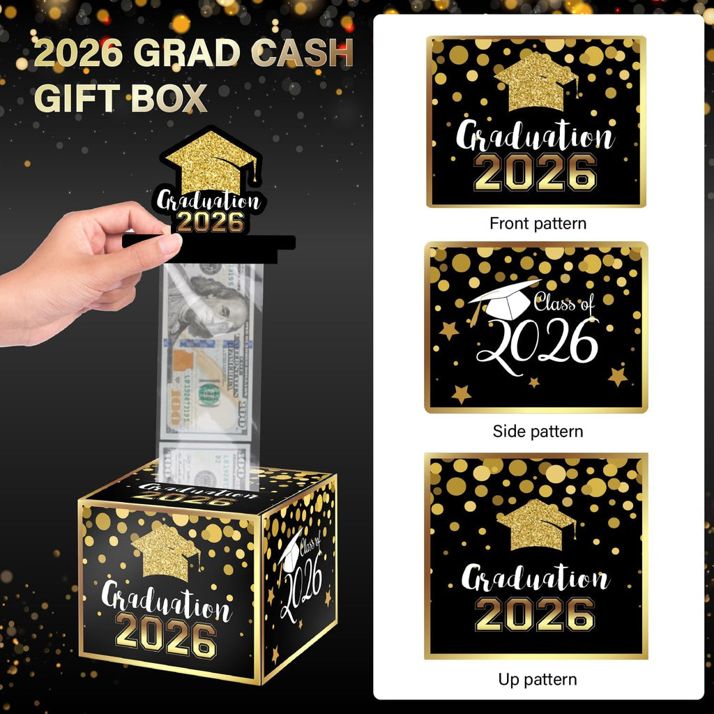 Linelglobal 2026 Graduation Box for Cash Gift, Pull Out Money Box for Boys Girls, Congrats Grad Surprise Funny Black Gold