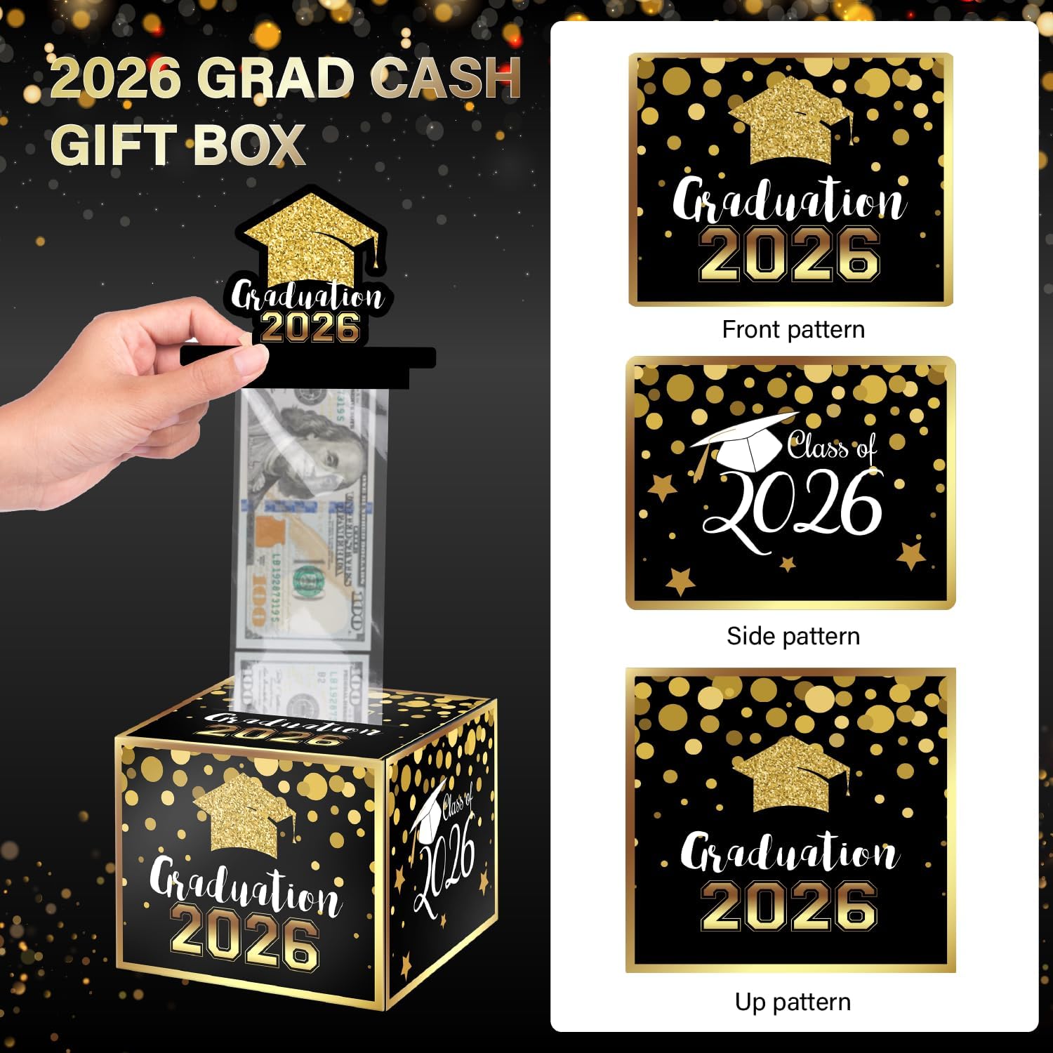 Linelglobal 2026 Graduation Box for Cash Gift, Pull Out Money Box for Boys Girls, Congrats Grad Surprise Funny Black Gold