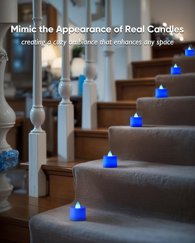 Amagic 24 Pack Blue LED Tea Lights, Flameless Votive Candles, Electric Fake Colored Candles, Battery Operated Tealights Candles for Halloween, Christmas, Home Decor, Wedding Table Centerpiece, Party