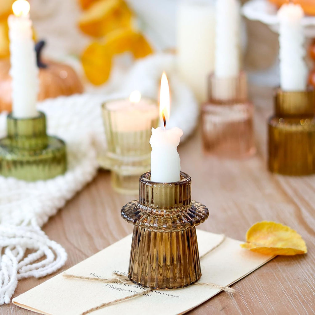 Brown Candlestick Holders 6PCS for Tealight Candle Stick Candles, Ribbed Glass Taper Candle Holders Set, Table Centerpieces for Thanksgiving Christmas Farmhouse Decor Indoor and Outdoor