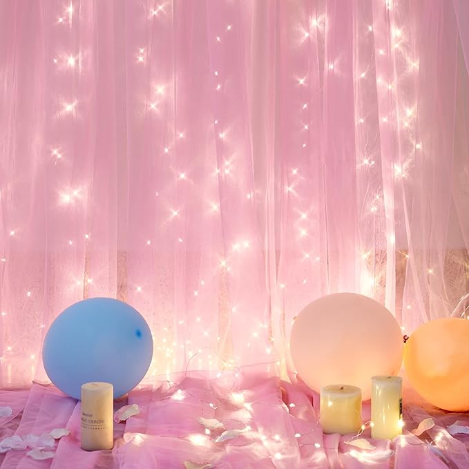 10ft x 10ft Pink Tulle Photo Backdrop Curtain with Lights String for Parties Wedding Sheer Baby Pink Curtain Backdrop for Birthday Party Baby Shower Photo Booth Photography Background Decorations