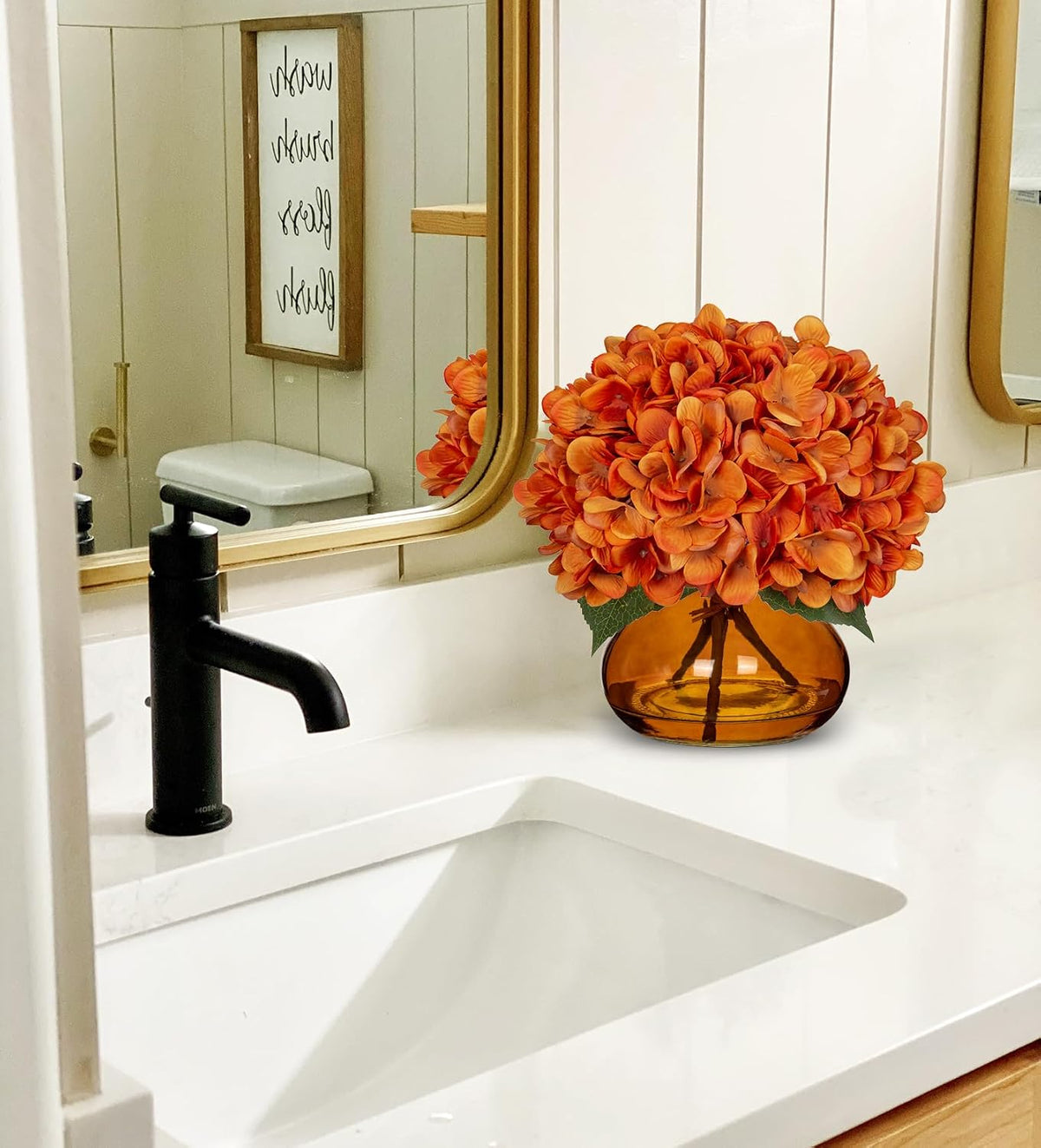 hollyone orange fall hydrangeas with vase indoor faux, side view