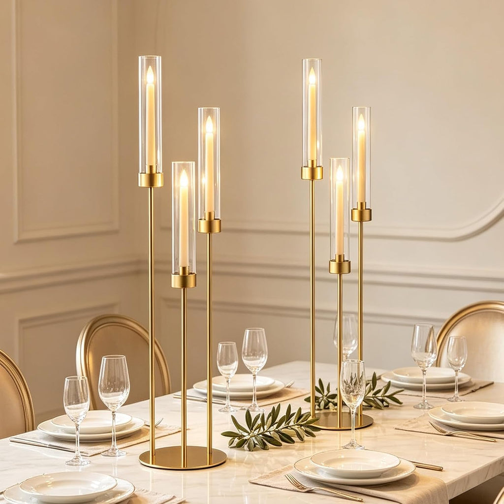 2pcs Gold Candelabra for Table Centerpieces, 33.8'' Tall 3 Arm Candle Holder with Acrylic Lampshade for Wedding Tables, Party, Events, Christmas & Halloween Home Decor, Fit LED Taper Candles
