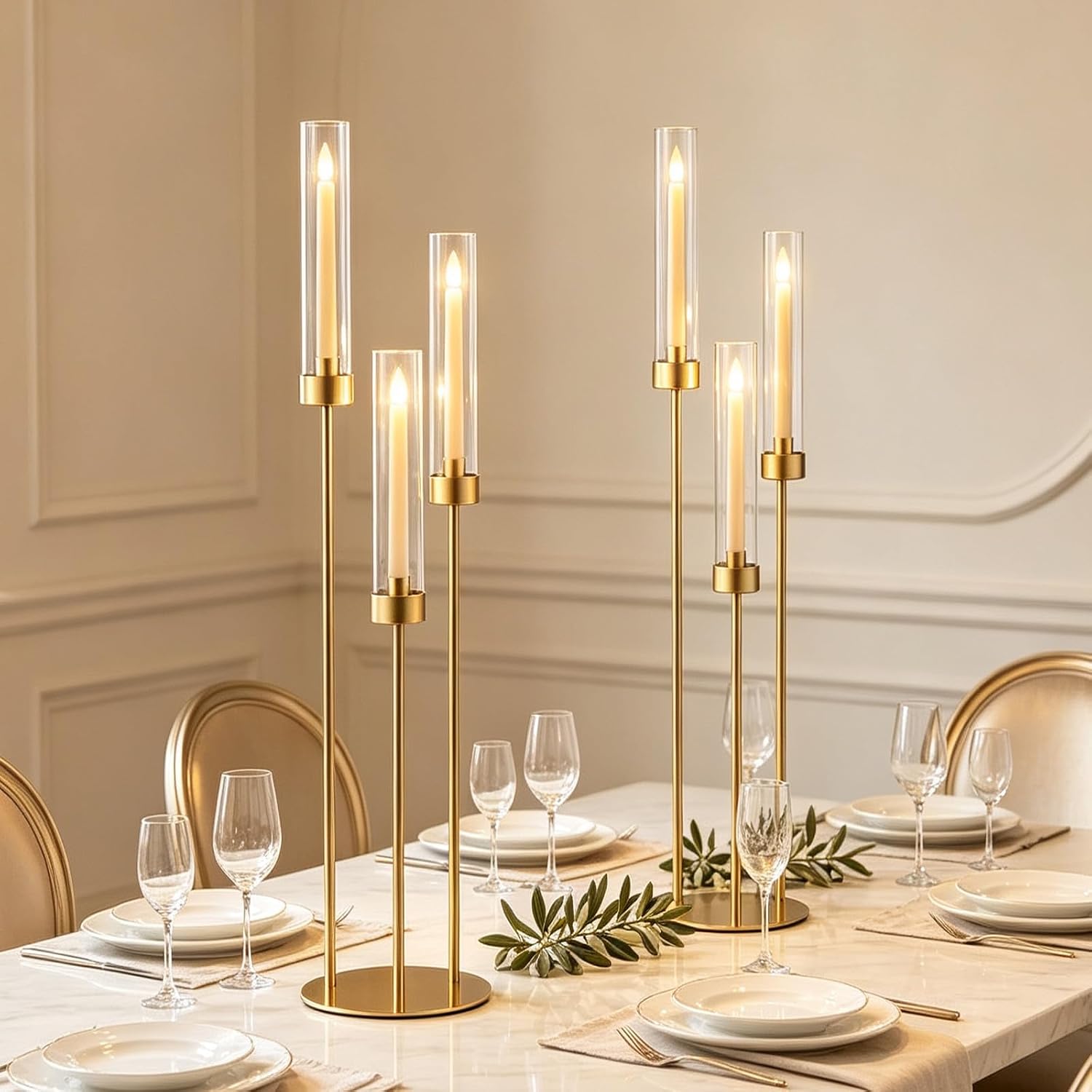 2pcs Gold Candelabra for Table Centerpieces, 33.8'' Tall 3 Arm Candle Holder with Acrylic Lampshade for Wedding Tables, Party, Events, Christmas & Halloween Home Decor, Fit LED Taper Candles