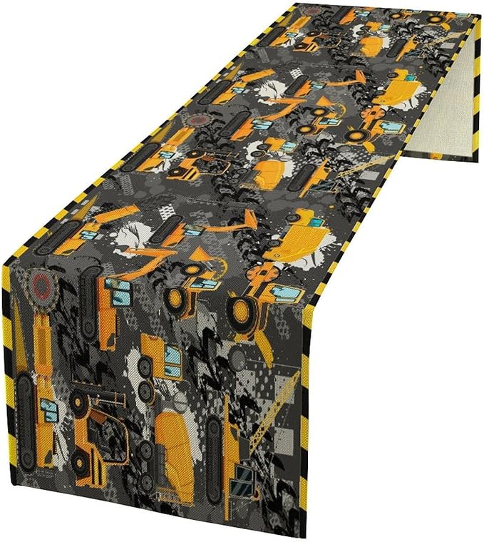 Cartoon Car Table Runner,Boy Kids Construction Yellow Tractor Excavator Tablecloth Burlap for Hotel Indoors Outdoor Dining Room Kitchen Home Decor,W13X L90 in