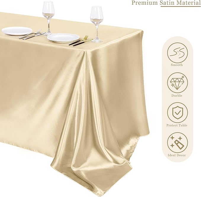 TURSTIN 1 Pack Champagne Satin Tablecloth 102 x 58 Inch Overlay Satin Table Cover Rectangle Bright Silk Tablecloth Smooth Fabric Table Decoration for Wedding Banquet Party Events