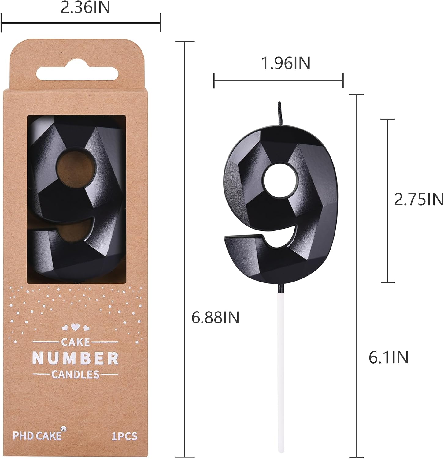 PHD CAKE 2.76 Inch Crystal Black 9 Number Birthday Candles, Black Number Candles, Cake Number Candles, Party Celebration