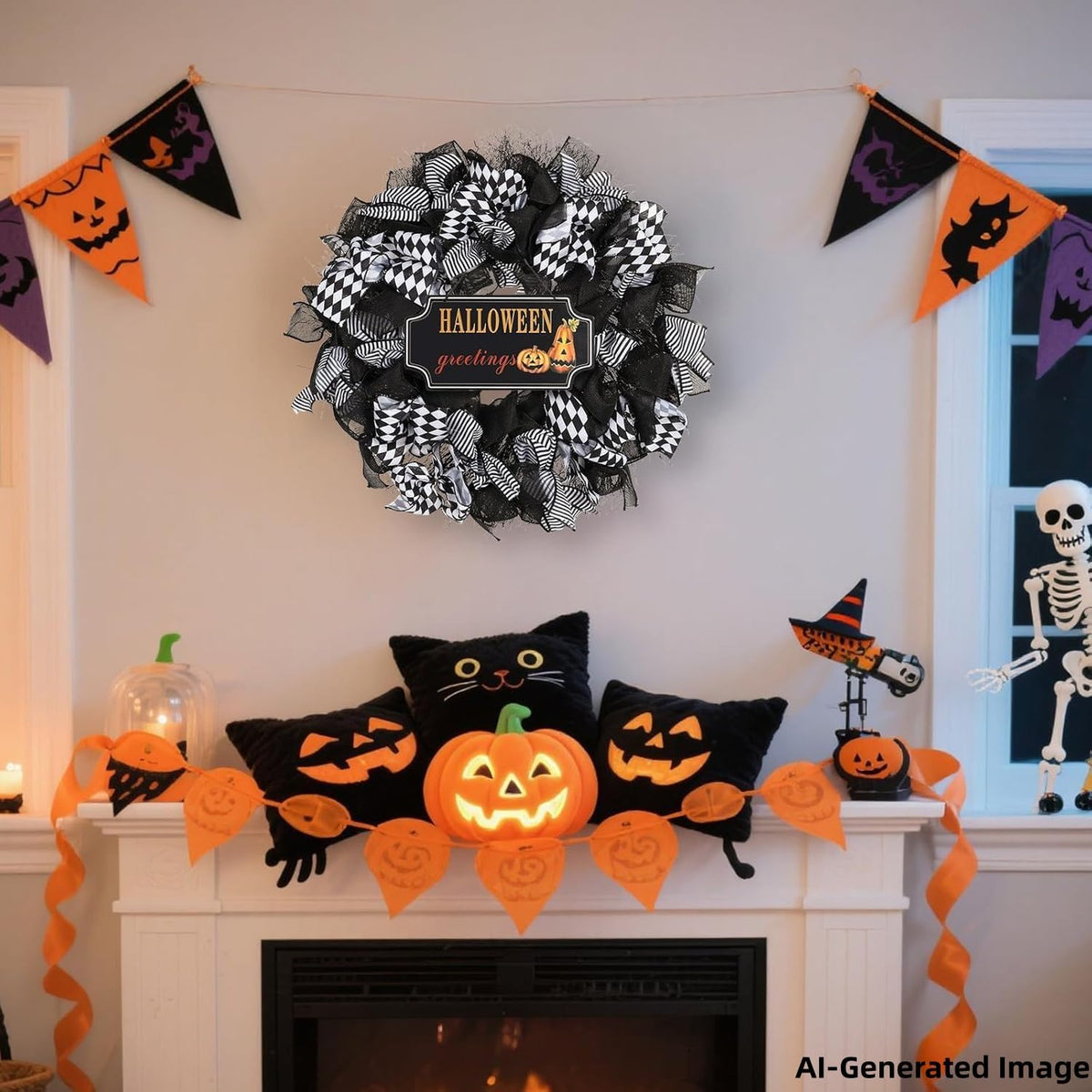 Halloween Wreath, 26 Inch, Black & White Checkered Bow
