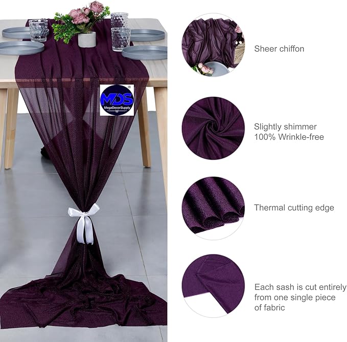 MDS Halloween Chiffon Table Runner - 10 Pack, 29 x 170 Inches, 14ft Each - Sheer Spooky Table Runners for Haunted House Parties, Trick-or-Treat Tables, Witchy Décor, Wedding & Events - Eggplant
