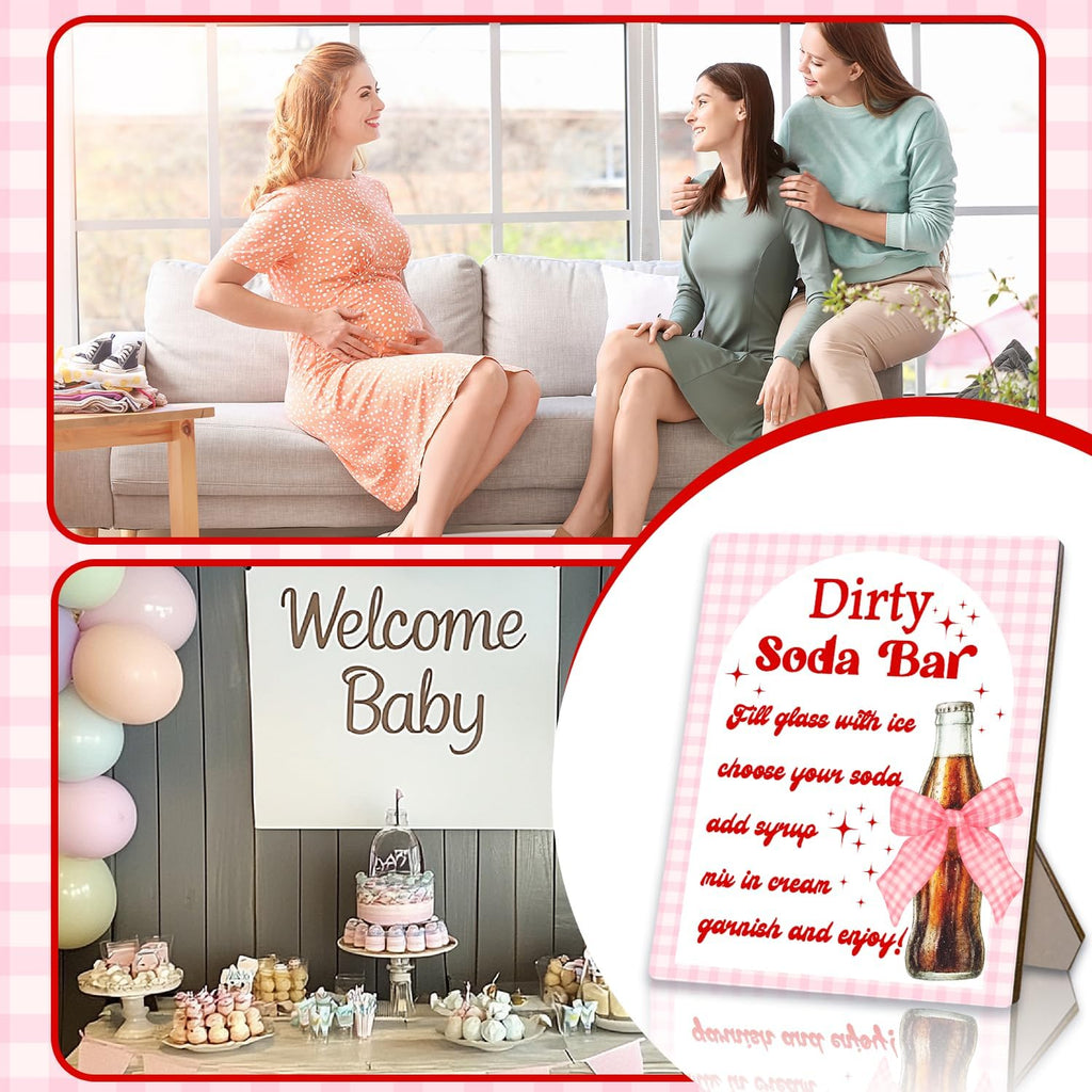 Dirty Soda Bar Sign for Baby Shower or Wedding Party- She's Ready to Pop Soda Bar Instructions and Menu, Pink Bow Wooden Party Sign for Gender Reveal, Bridal Shower Tabletop Decor, 8x10 Inch