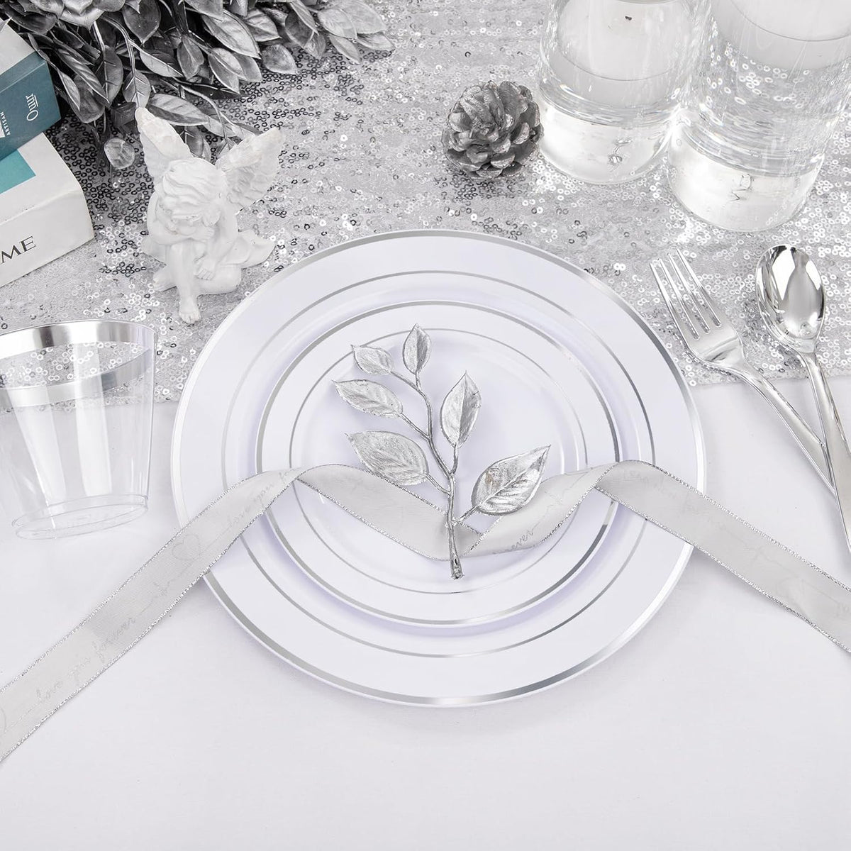 WELLIFE 300Pcs Silver Elegant Plastic Dinnerware Set for 50 Guests - Premium ...