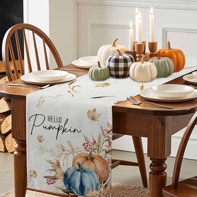 Fall Thanksgiving Cotton Linen Table Runner for Dining Kitchen, Orange Pumpkins Outdoor Party Autumn Tablerunners Decoration, Rustic Wheat Leaves Dresser Scarf Coffee Tablecloth Runners 13x60 Inches