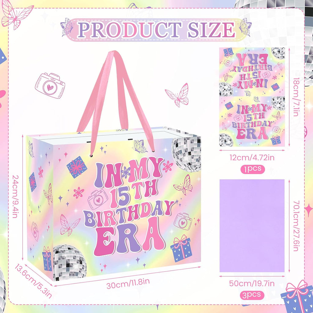 Large 15th Birthday Gift Bag for Girls Iridescent Fifteen Years Old Gift Bag with Purple Pink Wrapping Paper and Card In My 15th Birthday Era Party Decor for Girls 15 Year Old Bday Party Favor Supplies