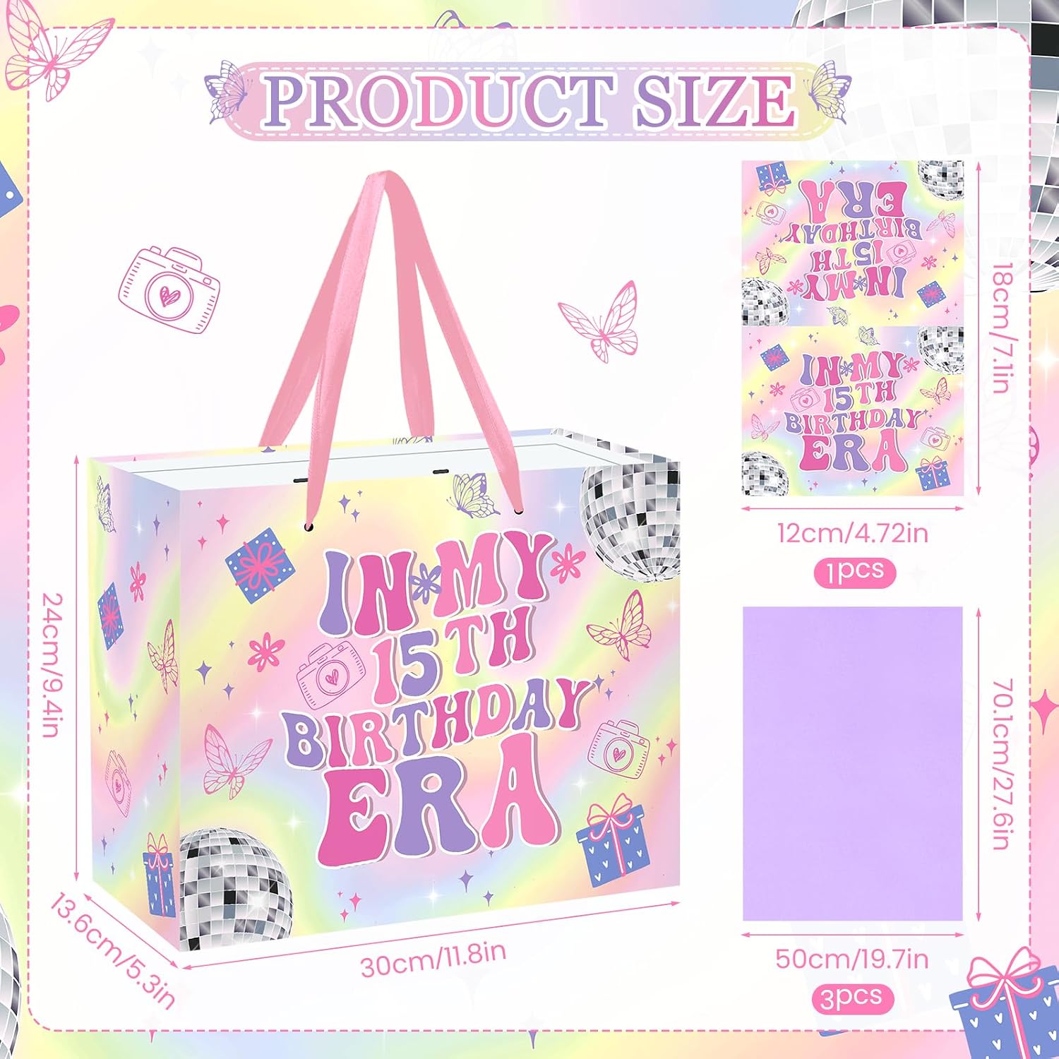 Large 15th Birthday Gift Bag for Girls Iridescent Fifteen Years Old Gift Bag with Purple Pink Wrapping Paper and Card In My 15th Birthday Era Party Decor for Girls 15 Year Old Bday Party Favor Supplies