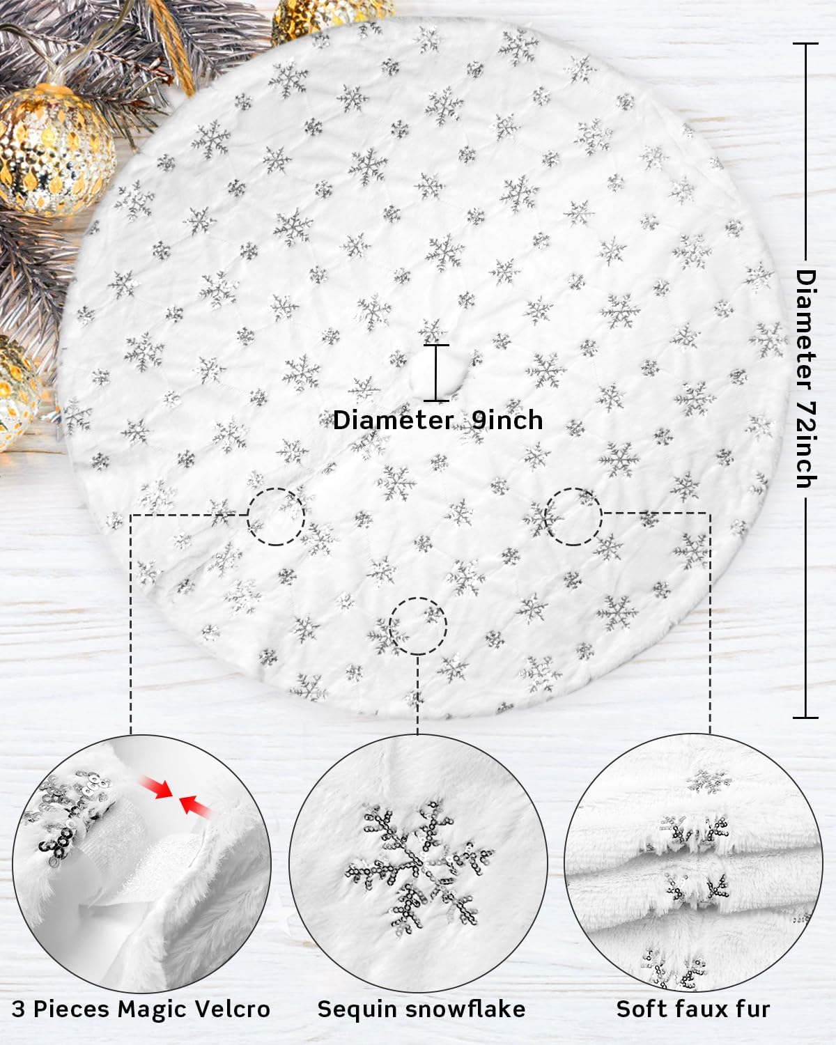COOLWUFAN 72 Inches Faux Fur Christmas Tree Skirt for Xmas Tree Holiday Party Decorations White Plush Silver Sequin Snowflake (Silver)