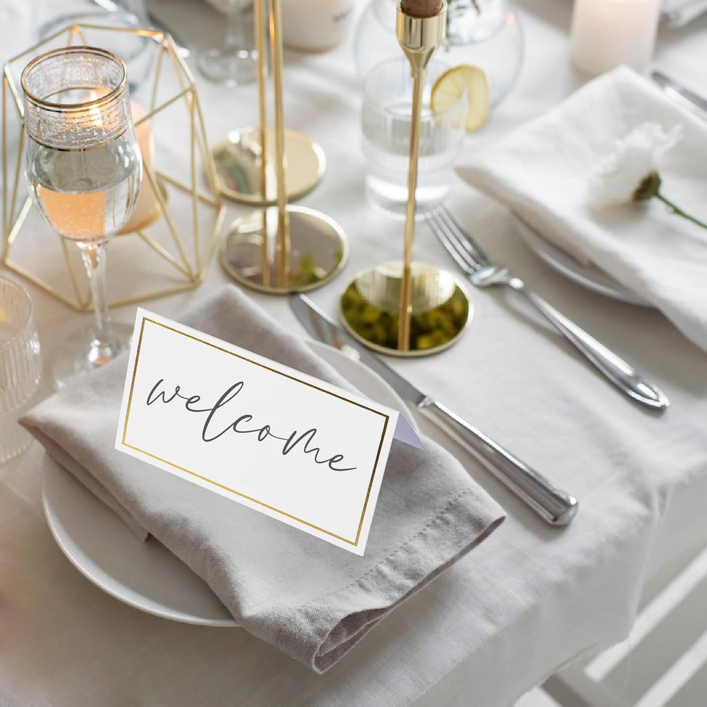 120 Pcs Place Cards for Table Setting - Folded Name Cards 2 x 3.5 Inch | Placecards with Gold Foil Border - Easy to Write Without Bleeding or Smearing - for Dinner Party, Weddings, Events