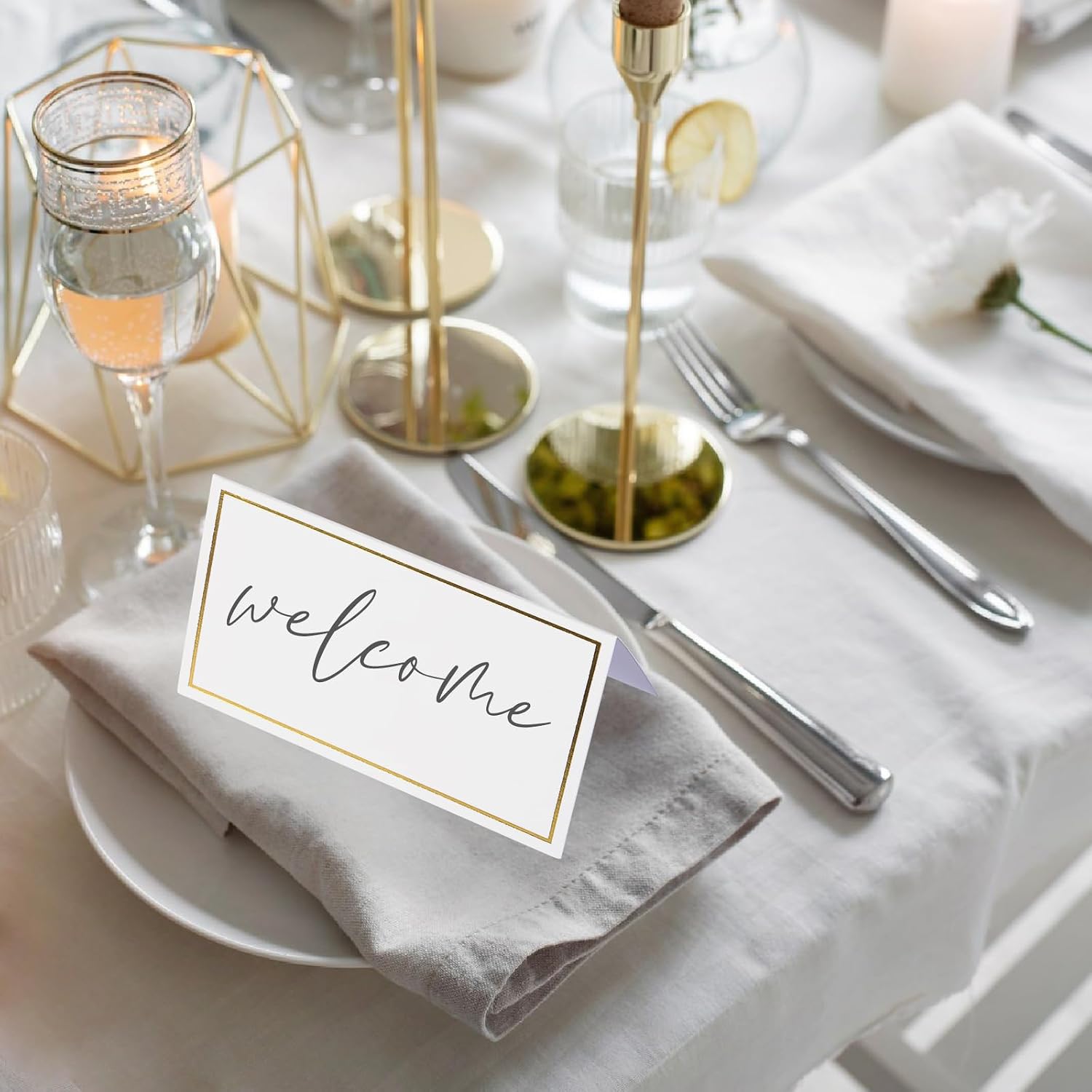 120 Pcs Place Cards for Table Setting - Folded Name Cards 2 x 3.5 Inch | Placecards with Gold Foil Border - Easy to Write Without Bleeding or Smearing - for Dinner Party, Weddings, Events