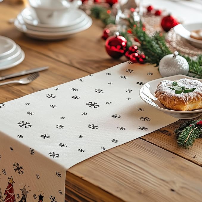 GEEORY Christmas Table Runner 13x108 Inch, Xmas Tees Snowflakes Holiday Decorative Farmhouse Table Decoration for Kitchen Dinning, Indoor Outdoor Dinner Party Decor ((Red & Black) GT165-108