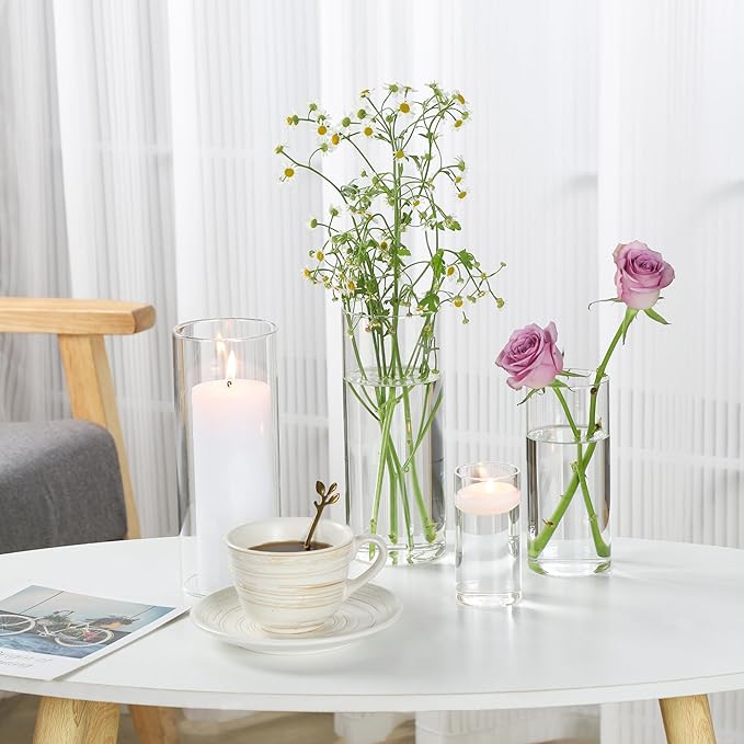 UDU 24 Pcs White Pillar Candles and Glass Cylinder Vases, Hurricane Pillar Candle Holder Vases for Wedding Centerpieces Table Party Home Decor(3.2" X 4.7", 6", 8")