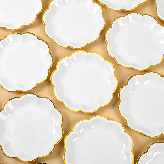 White Golden Party Plates Gold Foil Dessert Paper Plate 7inch Scalloped Edge Disposable Cake Plates for Tea Party Birthday Bridal Baby Shower Wedding Party Supplies (48, White)