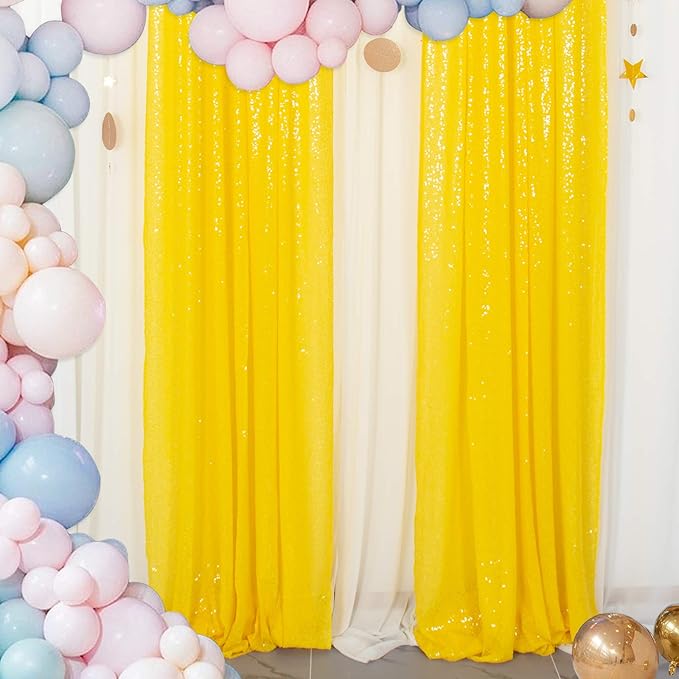 ShinyBeauty Sparkle Backdrop Curtain Yellow 2 Panels Set Sequin Photo Backdrop 2FTx8FT Sequin Backdrop Curtain Pack of 2-1220S