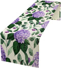 Spring Hydrangea Flower Table Runner, Seasonal Summer Plants Eucalyptus Leaves Purple Florals Dinner Runner for Home Kitchen Dining Table Party Holiday Decoration 13"x120"