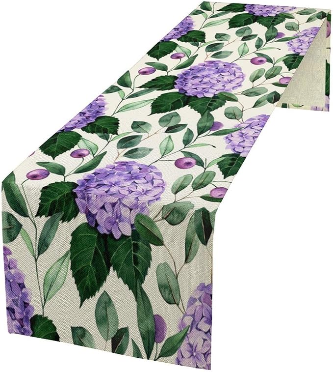 Spring Hydrangea Flower Table Runner, Seasonal Summer Plants Eucalyptus Leaves Purple Florals Dinner Runner for Home Kitchen Dining Table Party Holiday Decoration 13"x120"