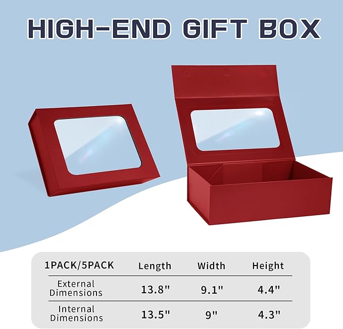 Red Large Gift Boxes with Window, 13.5"x9"x4.3" Bridesmaid Boxe for Gift Giving,Birthday Gift Box with Magnetic,Closure Lid Gift Boxes for Presents,Cute Boxe,Luxury for Gift Packaging,Gift Box for Wrapping Gifts