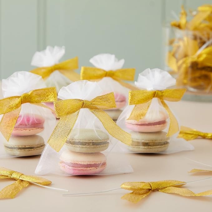 Bright Creations Gold Twist Tie Bows - 100 Pack, 2.5 x 3 in - Pretied Gold Bows & Ribbon for Treat Bags & Twist Ties for Crafts