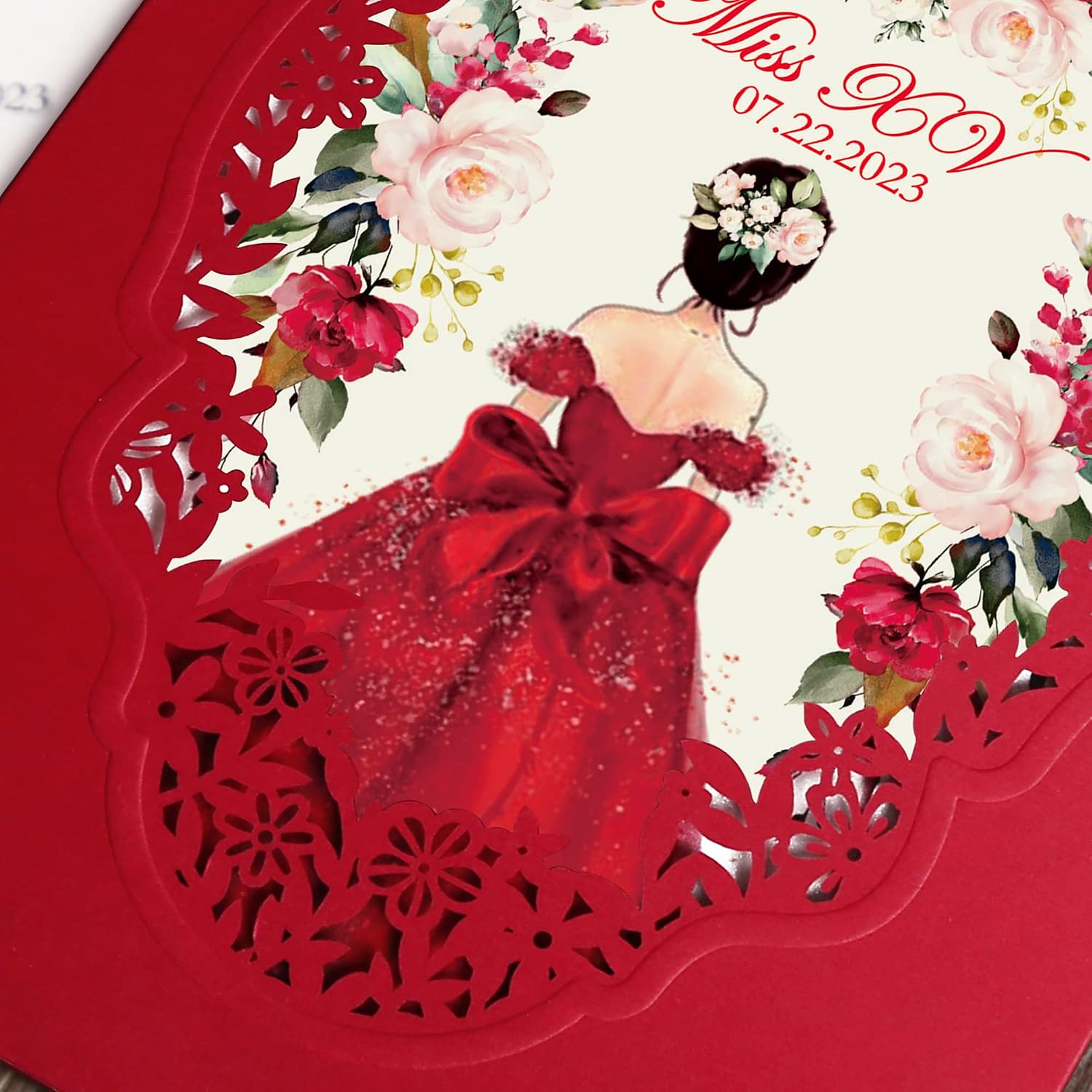 DORIS HOME 50Pcs Personalized Laser Cut Wedding Invitations, Red | 5"x7.3", Customized Quince Invitations, For 15th Birthday, Sweet 16, With Envelopes