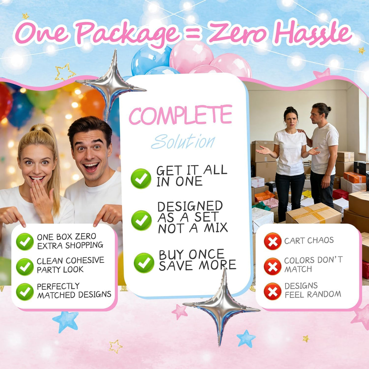 gender reveal decorations, all-in-one decor set for 25, front angle view