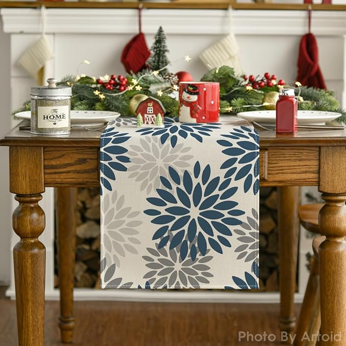 Artoid Mode Dahlia Aqua Floral Pinnata Flower Winter Table Runner, Seasonal Summer Holiday Kitchen Dining Table Decoration for Home Party Decor 13x36 Inch