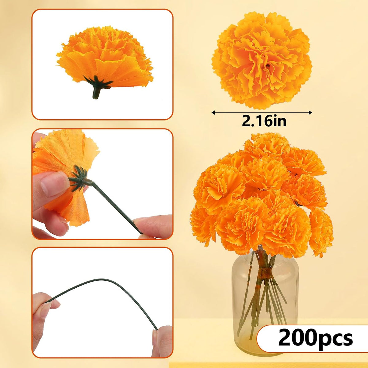 JMUQ 200Pcs Artificial Marigold Flowers, 2inch Silk Marigolds with Stems, Ora...