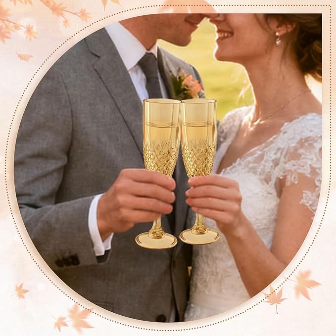 Plastic Champagne Flutes, 24PCS Gold Wine Glasses Goblets Cups Reusable Flute, for Weddings Bachelor Parties Toasting and Events(24, Gold)