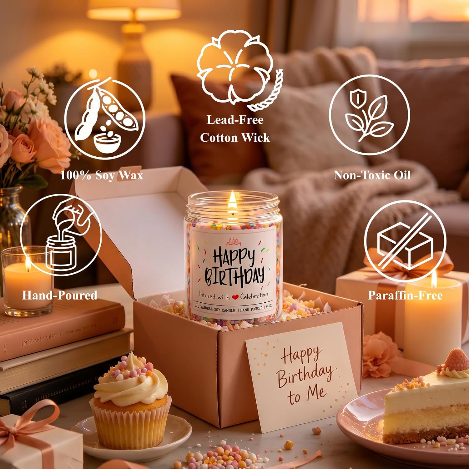 Homsolver Happy Birthday Gifts for Women Unique, Vanilla Cream Scent with Sprinkles Candy Birthday Candles for Her, Handmade Aromatherapy Candle Decor