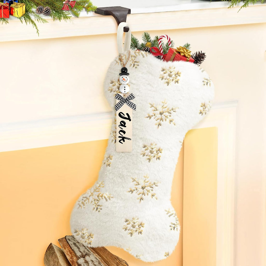 Dog Christmas Stocking with Name Tags DIY,Personalized Snowy White Bone Shaped with Gold & Silver Snowflake Sequins Family Decoration Faux Fur Christmas Stocking for Dog Pet (Gold Sequins)