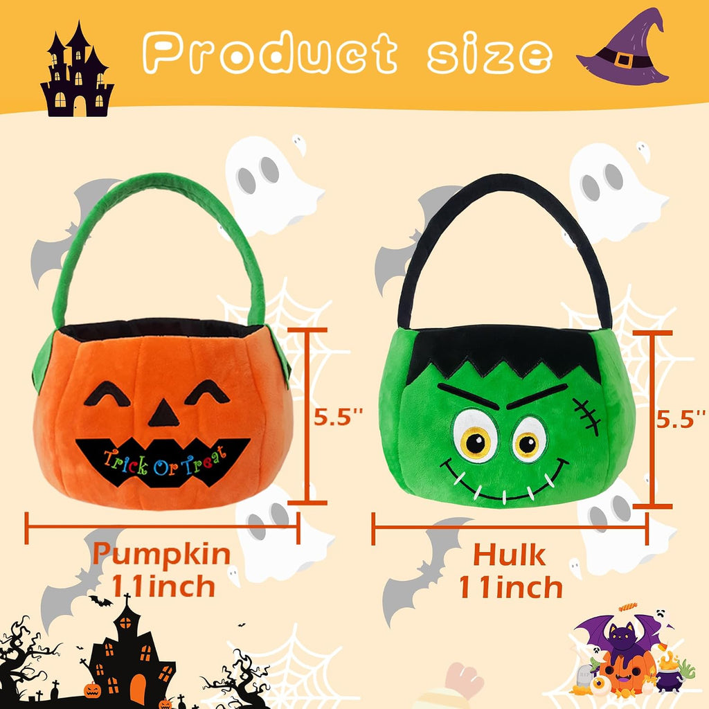 Set of 2pcs, Dia 11",Halloween Plush Pumpkin and Hulk Baskets Trick or Treat Bags Halloween Candy Bucket for Kids, Gift Bucket for Party Favor Supplies(Pumpkin&Hulk)