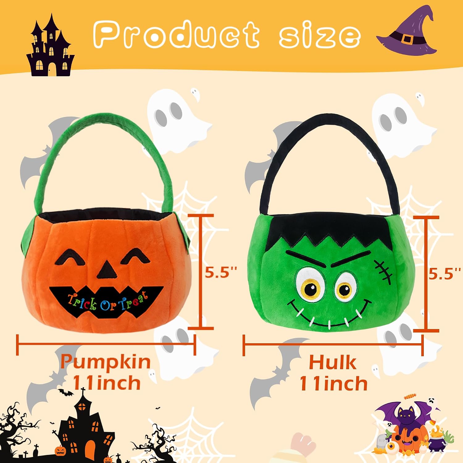 Set of 2pcs, Dia 11",Halloween Plush Pumpkin and Hulk Baskets Trick or Treat Bags Halloween Candy Bucket for Kids, Gift Bucket for Party Favor Supplies(Pumpkin&Hulk)