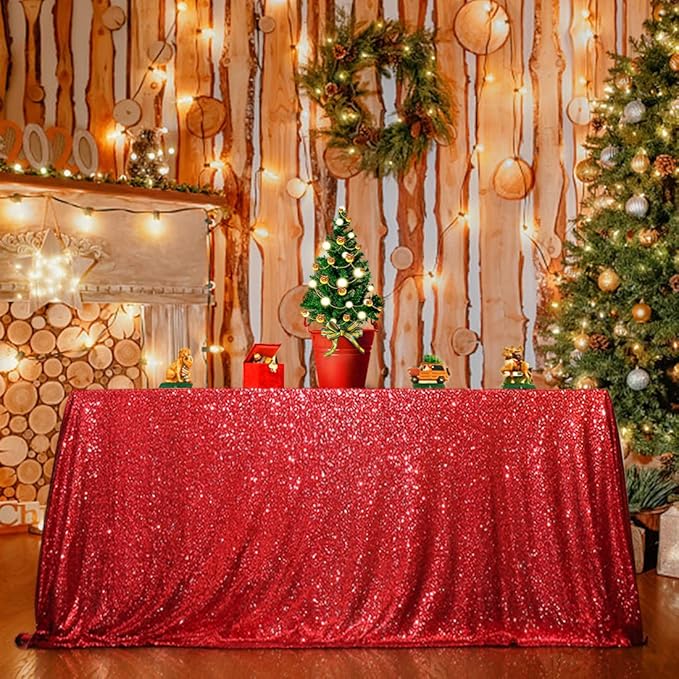 SquarePie Sequin Tablecloth 90 x 132 Inch Red Sparkly Table Linen for Christmas Wedding Party