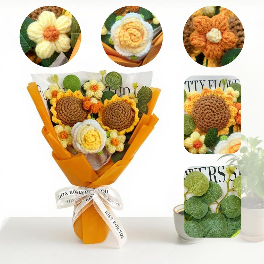 Crochet Flower Bouquet, Handmade Sunflower, Rose, and Daisy Combination, Perfect for Mother's Day, Wedding, Birthday,Anniversary, Home Decor, Ideal Gift for Women, Mom, Wife, and Friends (Orange)