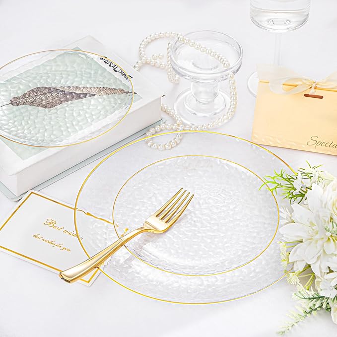 Rubtlamp 100 Pcs Gold Plastic Plates - 10 inch Clear Gold Dinner Plates - Hammer Pattern Design - Fancy Disposable Plate - Heavy Duty Party Plate Ideal for Wedding
