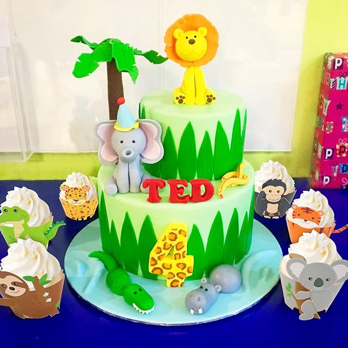 48 Pcs Jungle Safari Animal Cupcake Wrappers Wild Party Cake Decorations Jungle Wild Cake Wrappers for Baby Shower Birthday Themed Decorations Safari Party Supplies