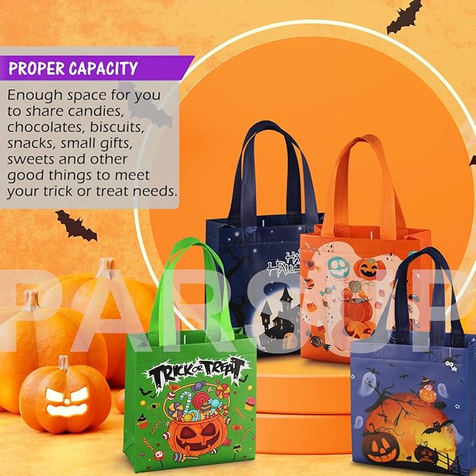 PARSUP Halloween Trick or Treat Bags, 16PCS Small Gift Tote Non-Woven Bags with Handles for Gifts Wrapping, Halloween Party Supplies, 7.9 * 7.9 * 3.15"