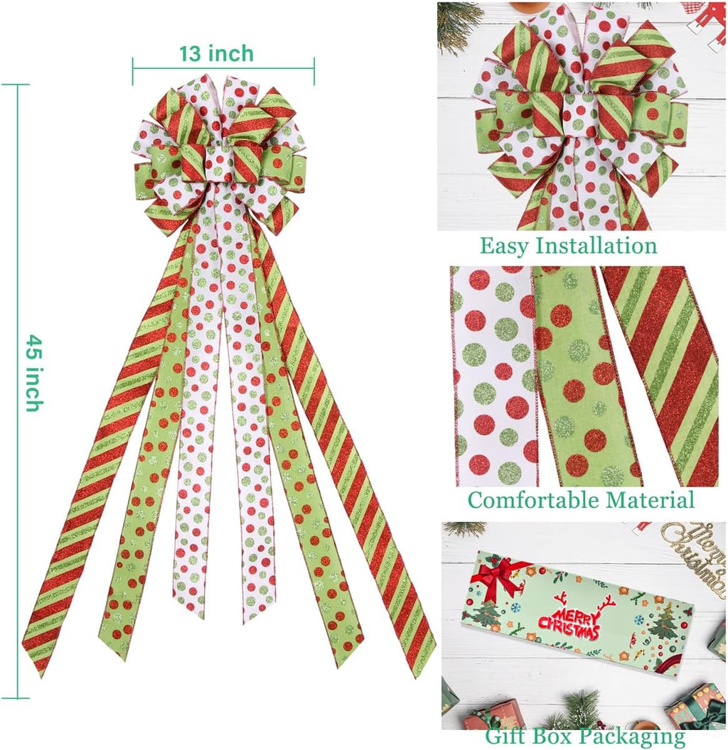Christmas Tree Topper Wreath Bow Large Green Christmas Bow Tree Topper, 45"x13" Red Green Dot Polyester Gift Ribbon for Xmas Ornament Holiday Home Wedding Thanksgiving Indoor/Outdoor Decoration