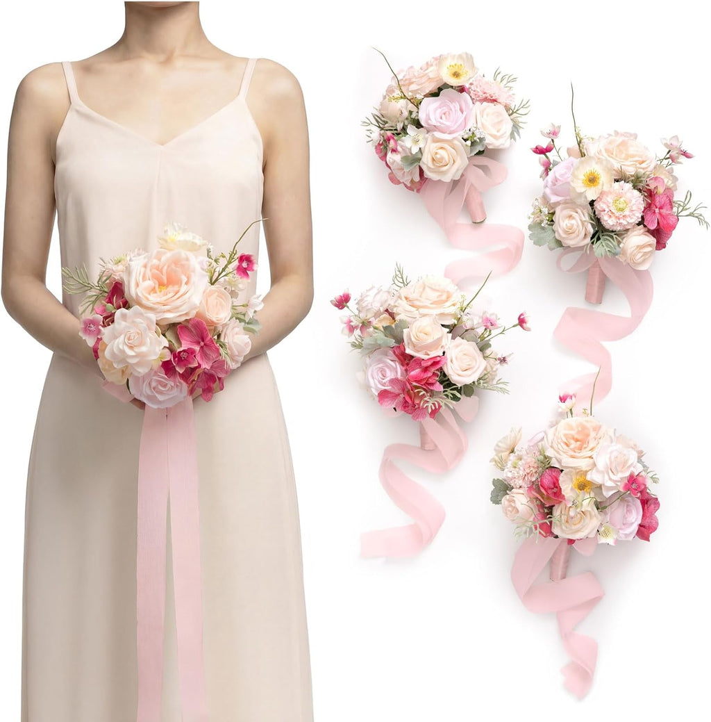 Ling's moment Artificial Flowers Powder Pink Cream Bridesmaid Bouquet 4 Pcs | Pink Wedding Flowers, 7 Inch Bridal Bouquets, For Bridesmaids