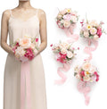 Ling's moment Artificial Flowers Powder Pink Cream Bridesmaid Bouquet 4 Pcs | Pink Wedding Flowers, 7 Inch Bridal Bouquets, For Bridesmaids