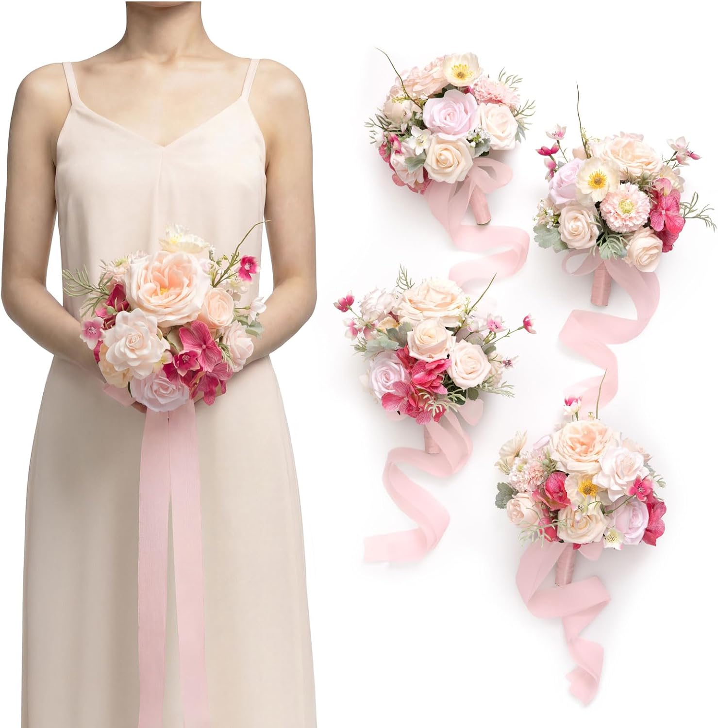 Ling's moment Artificial Flowers Powder Pink Cream Bridesmaid Bouquet 4 Pcs | Pink Wedding Flowers, 7 Inch Bridal Bouquets, For Bridesmaids