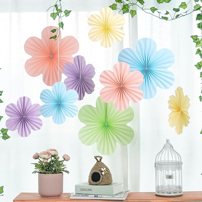 SUNBEAUTY 9 PCS Pastel Paper Flowers Decorations for Wall Paper Fans Classroom Decoration Paper Floral Backdrop Decor Paper Fans Decoration