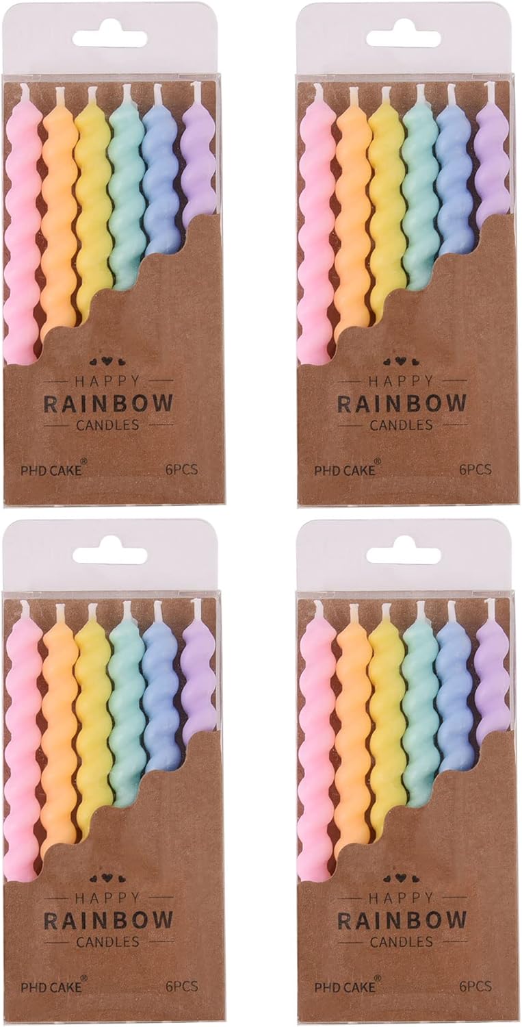 PHD CAKE 24-Count Rainbow Spiral Birthday Candles with Holders, Party Candles, Cake Candles